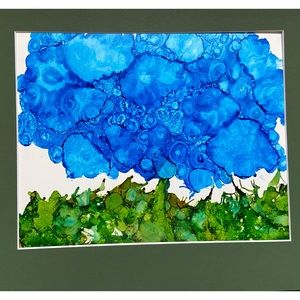Hand crafted abstract original one of a kind blue botanical alcohol ink painting